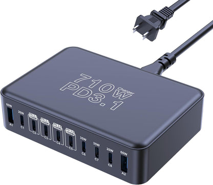CHIPOFY 710W USB C Charger Block, 10 Port USB C Charging Station, Dual PD3.1 140W QC3.0 60W GaN Laptop Fast Wall Charger for MacBook Pro/Air, iPad, iPhone, Samsung Galaxy