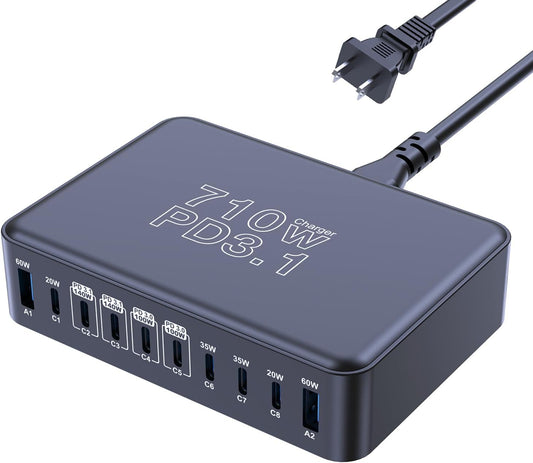 CHIPOFY 710W USB C Charger Block, 10 Port USB C Charging Station, Dual PD3.1 140W QC3.0 60W GaN Laptop Fast Wall Charger for MacBook Pro/Air, iPad, iPhone, Samsung Galaxy