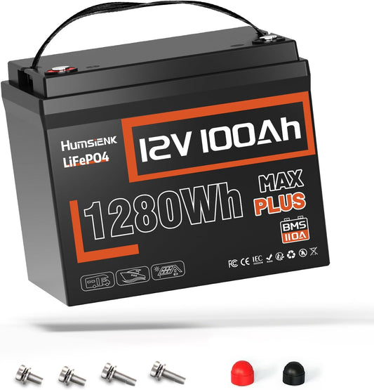 12V 100Ah LiFePO4 Battery MAX PLUS - 110A BMS with Low Temp Cutoff | 15000+ Deep Cycles for RV Solar Marine Trolling Motor | Off-Grid Backup Power Rechargeable Lithium Iron Phosphate Battery