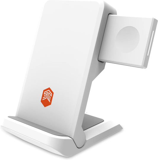 STM ChargeTree Go - 3-in-1 Portable Wireless Charging Station for iPhone, Samsung, Android (15W/7.5W), AirPods (5W), Apple Watch (3W) - Qi Certified - White.