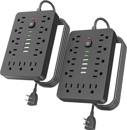 2PCS 5 FT Flat Plug Surge Protector Power Strip,11 Multiple AC Outlets with 6 USB Ports (2 USB C), 5 Feet Extension Cord, 1250W/10A, One Touch Switch Button, 17 in 1 Compact powerstrip