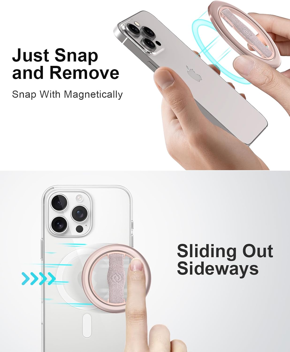 EWA MagOne Lite 3rd Gen Cell Phone Ring Holder, with Replaceable 360° Rotation Elastic Finger Strap, Phone Grip Compatible with iPhone MagSafe,15,14,13 Pro/Max/Plus-(Pink)