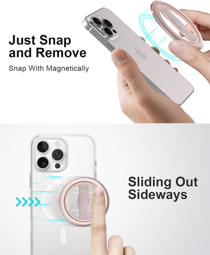 EWA MagOne Lite 3rd Gen Cell Phone Ring Holder, with Replaceable 360° Rotation Elastic Finger Strap, Phone Grip Compatible with iPhone MagSafe,15,14,13 Pro/Max/Plus-(Pink)