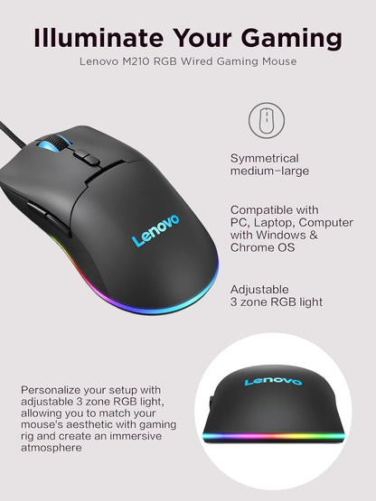 Lenovo M210 RGB Wired Gaming Mouse for PC, Laptop, Computer with Windows & Chrome OS - 3 Zone RGB, 8000 DPI Adjustable Sensor, 7 Programmable Buttons – Palm Grip Mouse for Gamers (Black)
