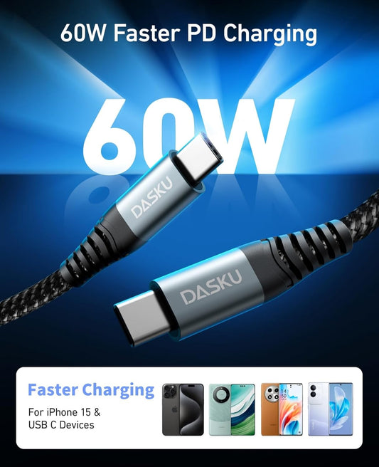 Dasku iPhone 16 USB C to USB C Fast Charging, 60W(3.1A) 2 Pack 3FT Charging Cord Type C Charger Cable for iPhone 16/15/15 Plus/15 Pro Max, MacBook Pro, iPad Pro Air, Samsung S24/S24 Ultra/S23