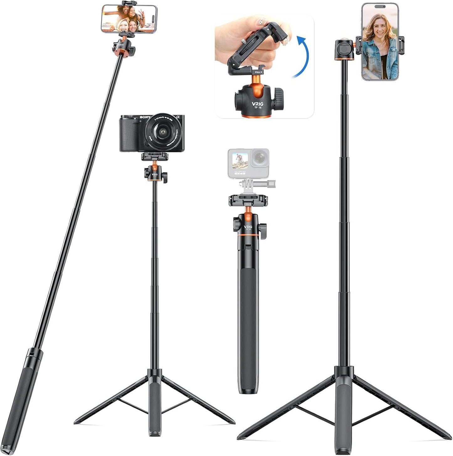 VRIG TP16 Camera Tripod, 55 inch Extendable Phone Selfie Stick Camera Tripod Stand with 2 in 1 Phone Clip, 5 Levels Adjustment 360° Ball Head Loads Up for Pocket 3 Insta360 X5 iPhone Sony Canon
