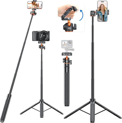 VRIG TP16 Camera Tripod, 55 inch Extendable Phone Selfie Stick Camera Tripod Stand with 2 in 1 Phone Clip, 5 Levels Adjustment 360° Ball Head Loads Up for Pocket 3 Insta360 X5 iPhone Sony Canon