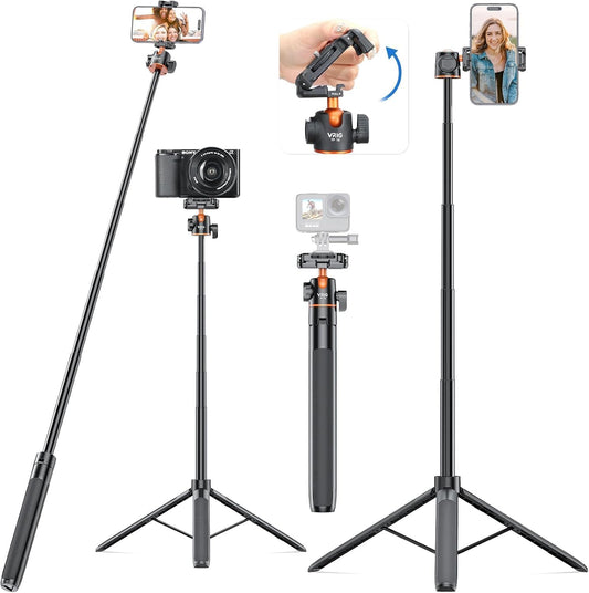 VRIG TP16 Camera Tripod, 55 inch Extendable Phone Selfie Stick Camera Tripod Stand with 2 in 1 Phone Clip, 5 Levels Adjustment 360° Ball Head Loads Up for Pocket 3 Insta360 X5 iPhone Sony Canon