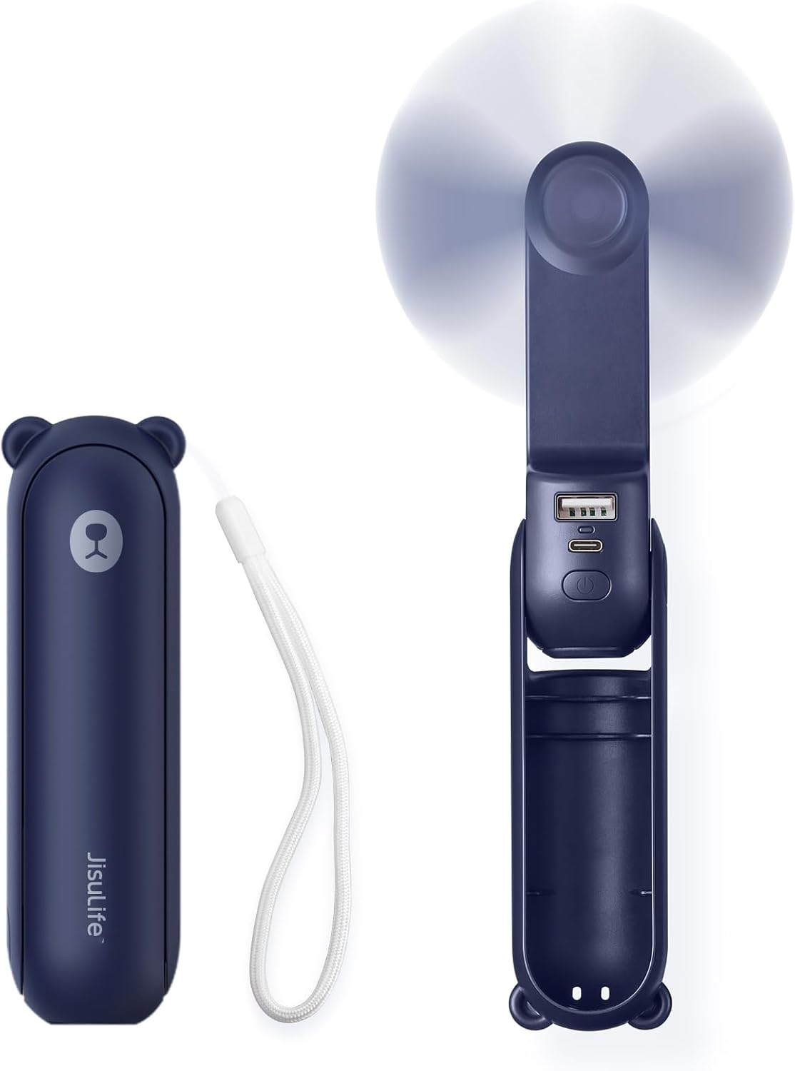 JISULIFE Handheld Mini Fan, 3 IN 1 USB Rechargeable Portable Fan [12-19 Working Hours] with Power Bank, Flashlight, Pocket Design for Travel/Summer/Concerts/Lash, Gifts for Women (Dark Blue)