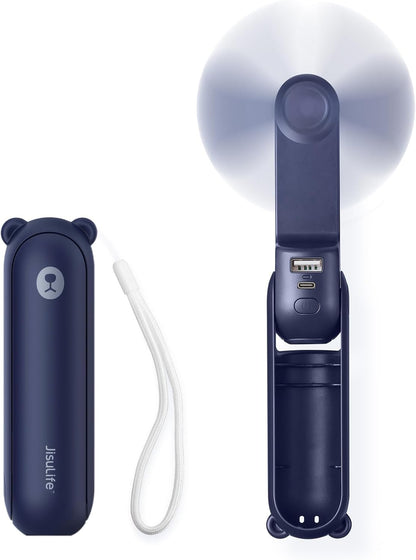 JISULIFE Handheld Mini Fan, 3 IN 1 USB Rechargeable Portable Fan [12-19 Working Hours] with Power Bank, Flashlight, Pocket Design for Travel/Summer/Concerts/Lash, Gifts for Women (Dark Blue)