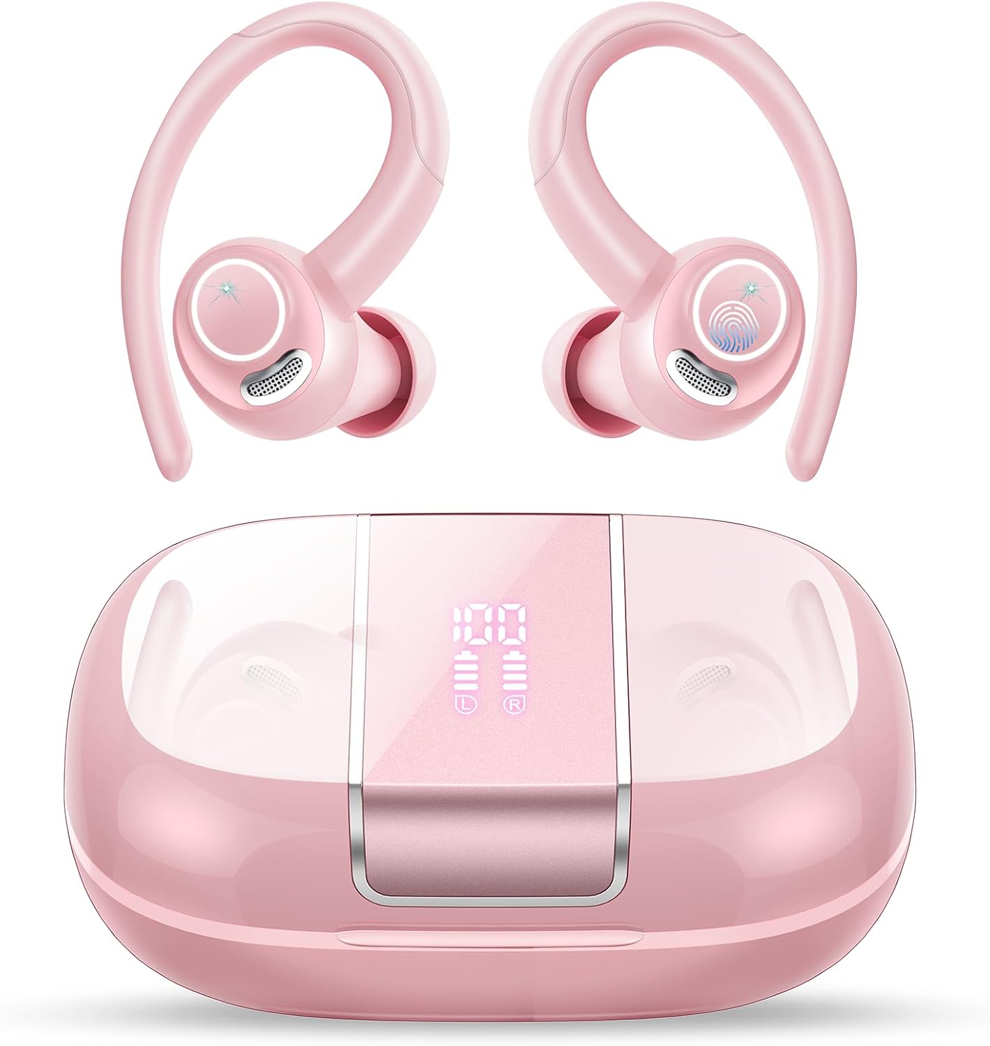 Wireless Earbuds Bluetooth 5.3 Headphones Sports, 48Hrs Playtime Bluetooth Earbuds with CVC 8.0 Mic, 2025 Stereo Bass Over Ear Bud with Earhooks, LED Display, IP7 Waterproof Earphon for Running Rose