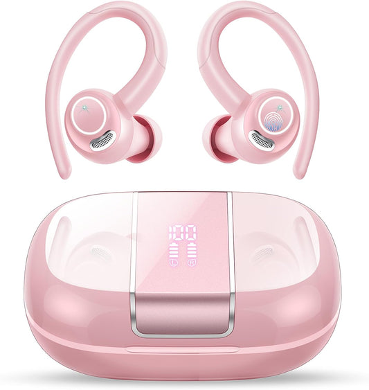 Wireless Earbuds Bluetooth 5.3 Headphones Sports, 48Hrs Playtime Bluetooth Earbuds with CVC 8.0 Mic, 2025 Stereo Bass Over Ear Bud with Earhooks, LED Display, IP7 Waterproof Earphon for Running Rose