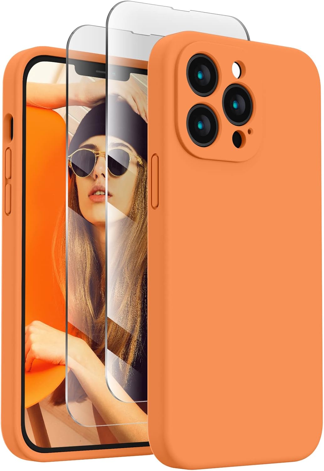 FireNova Designed for iPhone 13 Pro Case, Silicone Upgraded [Camera Protection] Phone Case with [2 Screen Protectors], Soft Anti-Scratch Microfiber Lining Inside, 6.1 inch, Kumquat