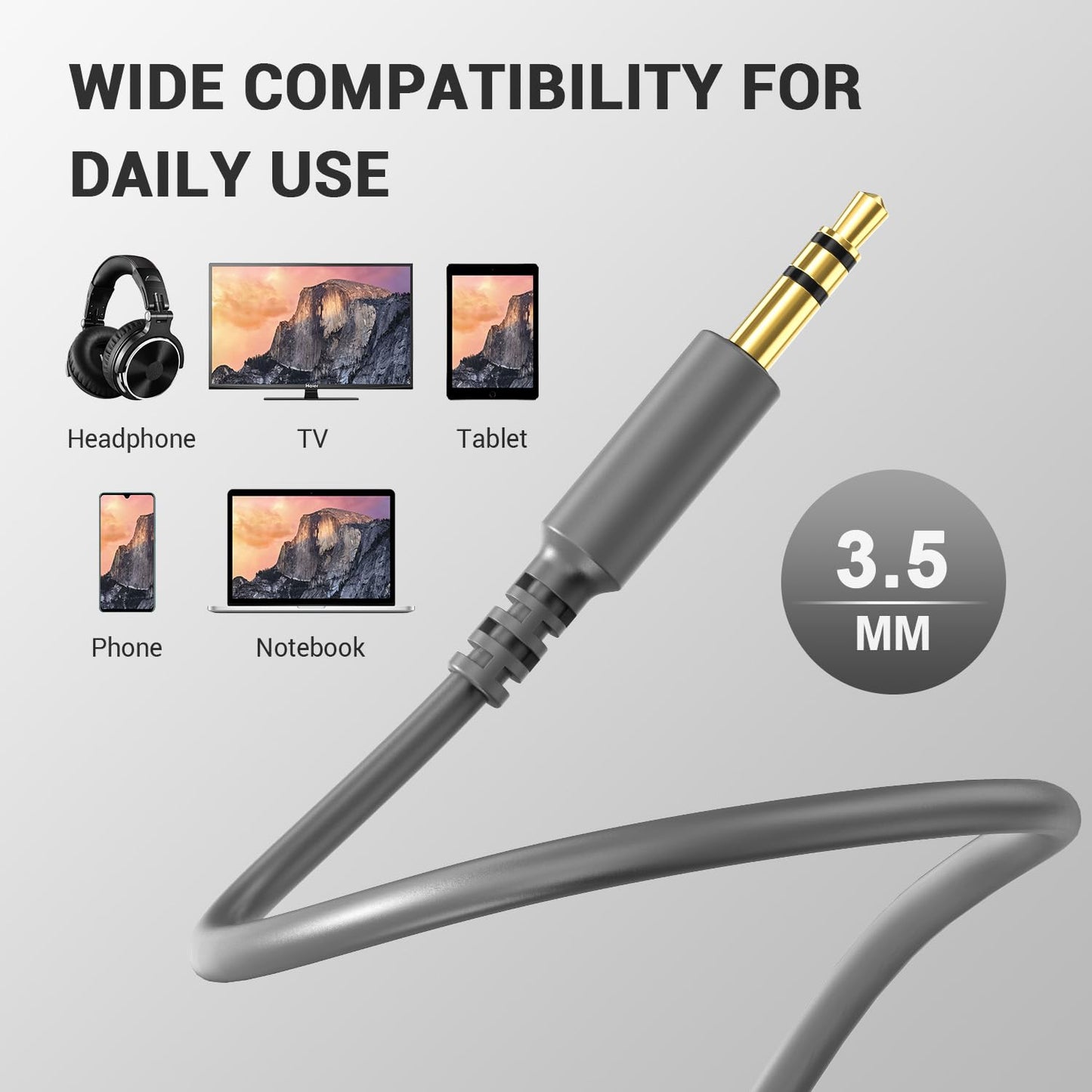 OneOdio 6.35mm to 3.5mm 6.6-9.8FT Stereo Adapter Cable Compatible with AMPs, Electronic Keyboards, Mixers, Guitars and Pro10/Pro30/Pro50 Headphones of OneOdio-Gray