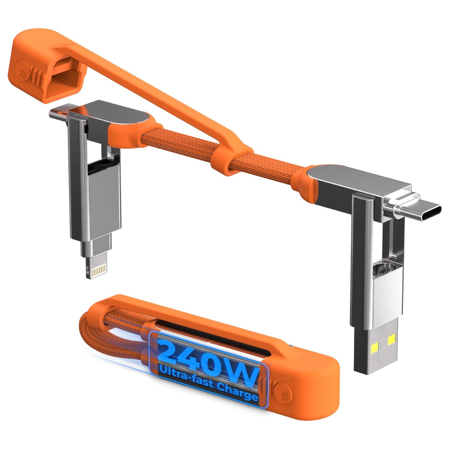 Rolling Square inCharge XS - 240W 4in1 Keyring Cable | Fast Charging & Data Transfer | Universal USB C/Lightning/USB Cable with Metal Housing | N52 Magnets | Eco-Friendly | Orange