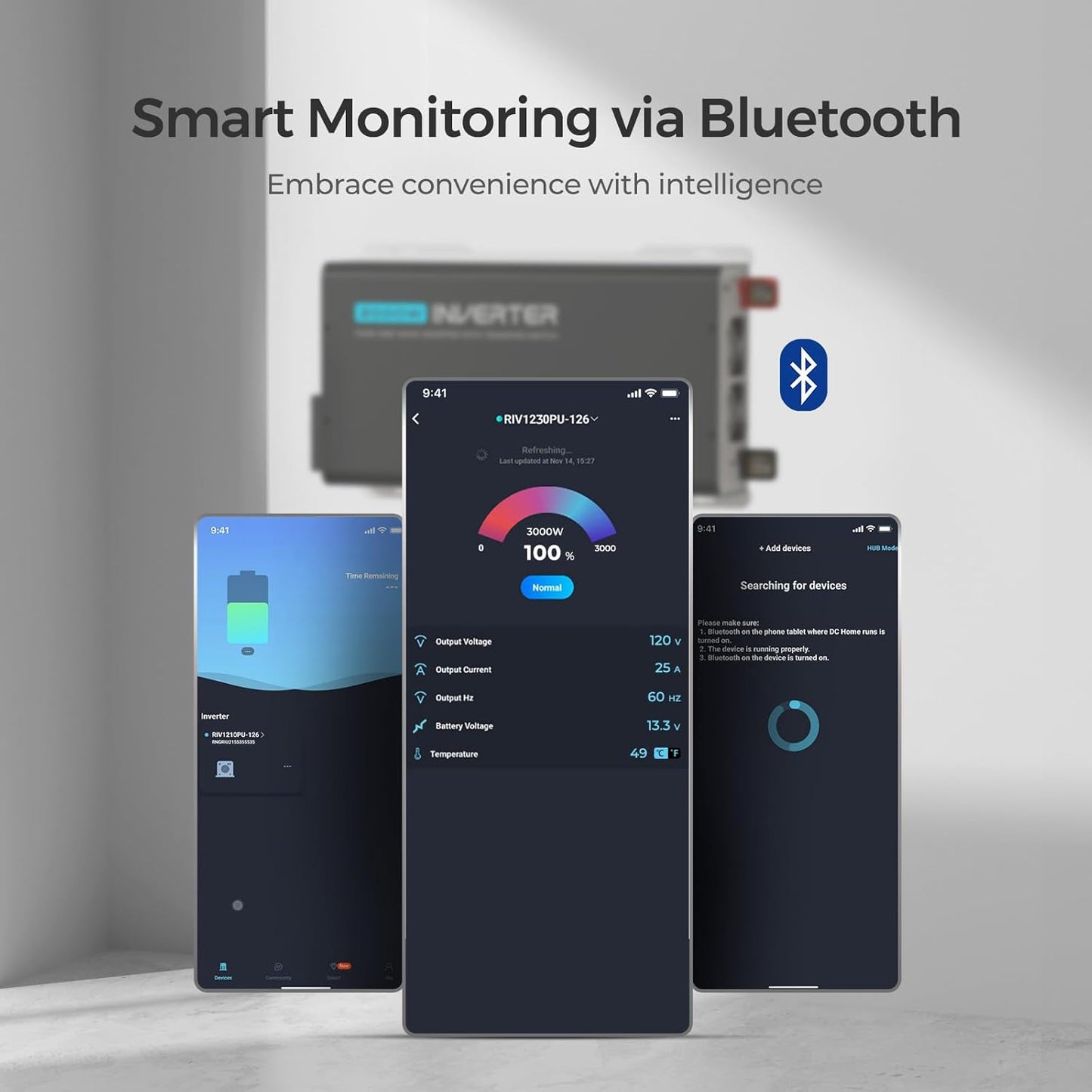 Renogy Inverter PUH 3000W, 12V to 110V Pure Sine Wave Power Inverter, Built-in Transfer Switch and Bluetooth, DC to AC Solar Converter for RV, Truck, Camping, Home, Emergency, Off-Grid Living