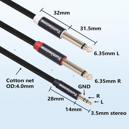 3.5mm to Dual 1/4 Adapter 1/8 to 6.35mm TS Mono Audio Cable Stereo Breakout Cord Y Splitter Compatible with iPhone, iPod, Computer Sound Card, Headphone, Speaker, Home Stereo System (6.6FT/Pack)