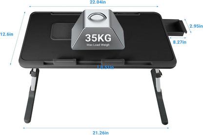 Laptop Lap Desk with Cooling Fan - Adjustable with Light, USB, Storage Drawer - Folding Bed Desk,22.04"*12.59",Black