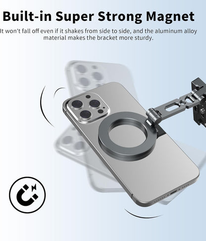 Magnetic Phone Tripod Stand,Foldable Cell Phone Holder for Magsafe with Arca-Swiss,1/4'' Screw Hole,Cold Shoe Mount,Pocket Mini Aluminum Selfie Stick Tripod Mount for iPhone/Android,Desk,Travel