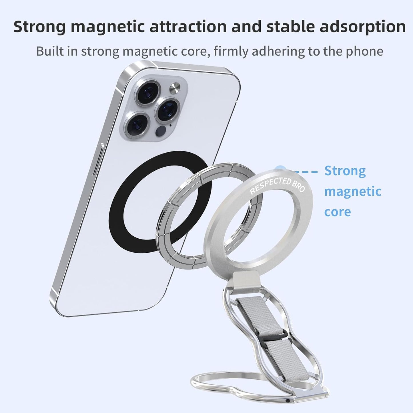 RESPECTED-BRO-Magnetic-Phone-Grip-Stand-with-Finger-Strap, 4-in-1 Magnetic Ring Holder, Kickstand and Elastic Strap for Smartphones, Universal Fit for iPhone, Android, and Cases (Silver)