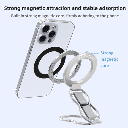 RESPECTED-BRO-Magnetic-Phone-Grip-Stand-with-Finger-Strap, 4-in-1 Magnetic Ring Holder, Kickstand and Elastic Strap for Smartphones, Universal Fit for iPhone, Android, and Cases (Silver)
