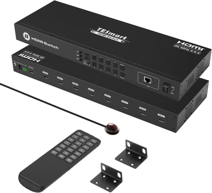TESmart 8×1 HDMI Switch 8 in 1 Out 4K @ 60Hz HDCP with 19-inch Rack-Ears | RS-232 / LAN Control | IR Remote Control and Auto Switch | Auto Scan Time Interval - Black