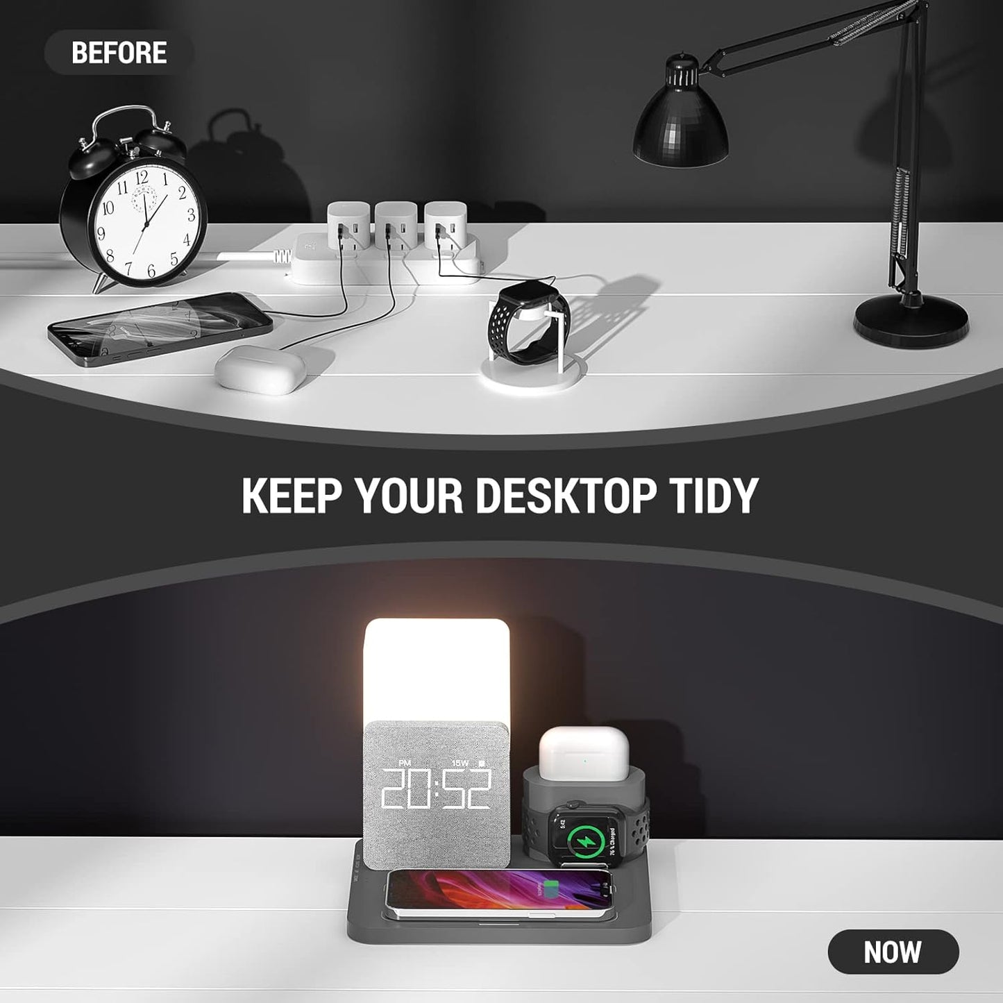 Wireless Charging Station, 3 in 1 Charging Station, Alarm Clock with Wireless Charger, Night Light, iPhone 12/13/14/15/16 Pro/13 Mini/13 Pro Max/12 pro, AirPods