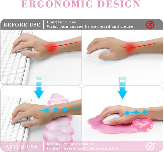 Gel Cloud Keyboard and Mouse Wrist Rest, Cute Wrist Support and Arm Support Rest for Typing Pain Relief，Suitable for Office/Computer/Laptop/Gaming Set-Pink