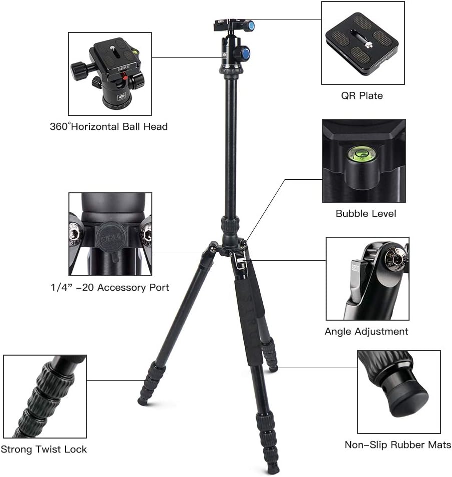 SIRUI Traveler 7A 65.55'' Aluminum Camera Tripod, E-10 Panorama Ball Head and Arca Swiss Quick Release Plate,Load Up to 17.6 lbs,Convertible to Monopod