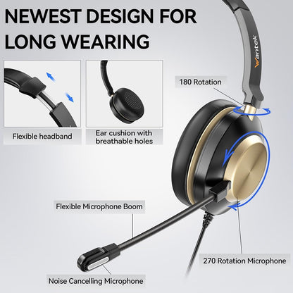 Headset with Mic, USB Headset with Microphone, Computer Headset with Noise Cancelling Microphone for Laptop PC, Mute in-line Controls
