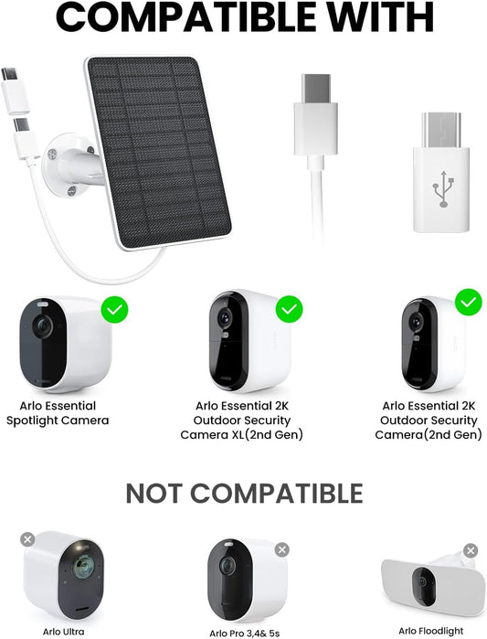 5W Solar Panel Charger Compatible with Arlo Essential 2K Outdoor Camera(2nd Gen)/Essential Outdoor XL(2nd Gen)/Essential Spotlight, IP65 Waterproof 10ft USB-C & Micro USB Cable & Wall Mount, 2 Pack
