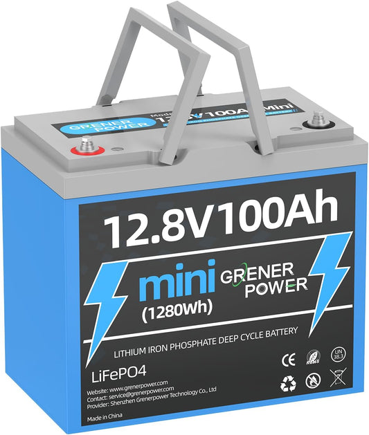 12V100Ah Mini LiFePO4 Battery, 100A BMS 12.8V Lithium Battery, 100AH Lifepo4 Battery Up to 15000 Deep Cycle Battery, Max.1280Wh Energy for Solar panel, RV, Trolling Motor, Marine, Off-Grid