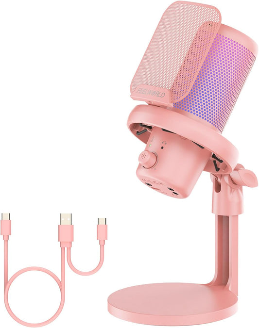 FEELWORLD VM1 Pink Gaming PC USB Microphone Condenser Mic with Noise Cancellation Mute RGB Light, Computer Accessories Gifts for Gamer YouTube Twitch Podcast Streaming Recording Online Chat PS4 PS5