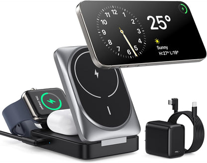 3-in-1 Wireless Charger Charging Station for iPhone, Qi2 Certified 15W Fast Charging Foldable Magnetic Charger Stand with 30W USB C Adapter for MagSafe iPhone 16/15/14/13/12, Apple Watch, AirPods