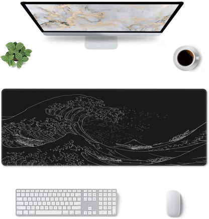 Japanese Sea Wave Large Mouse Pad, Anime Black Gaming, Extended Kanagawa Mat Desk Pad, 3mm Thick Long Non-Slip Rubber Base Mice Pad, 31.5 X 11.8 Inch
