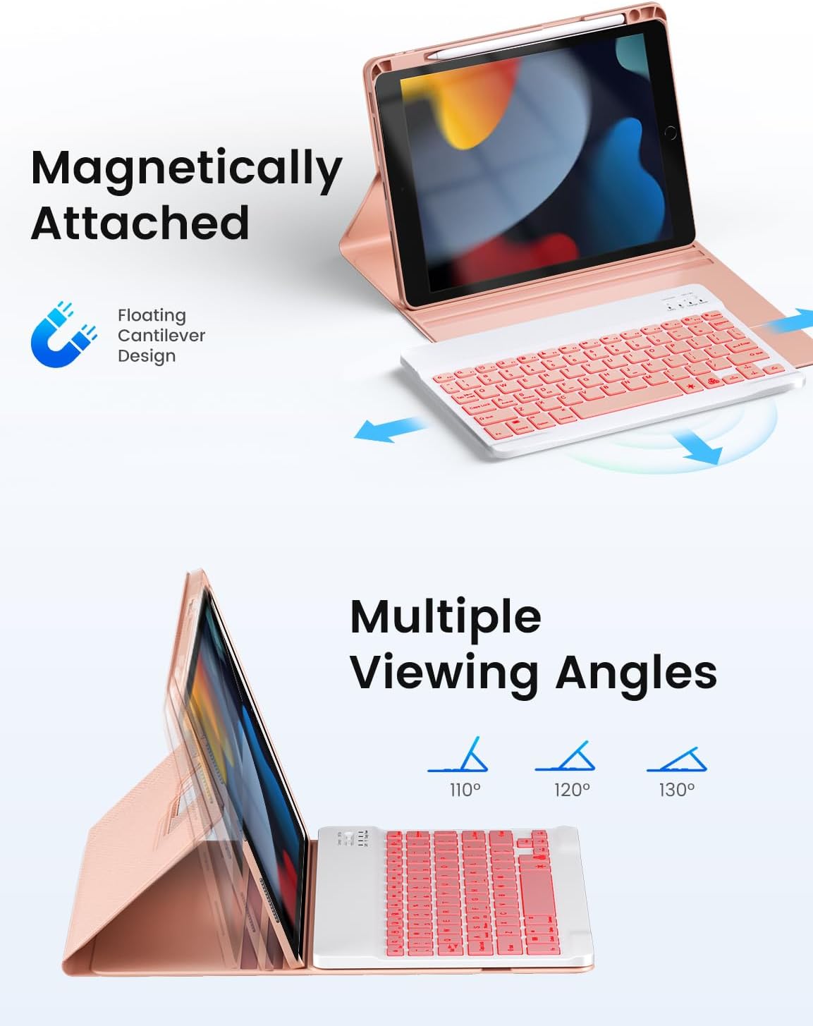 OYEEICE for iPad 9th Generation Case with Keyboard - Detachable Backlit Keyboard - Rotatable Cover with Pencil Holder for iPad 9th/8th/7th Gen, iPad Air 3rd Gen & iPad Pro 10.5" - Pink