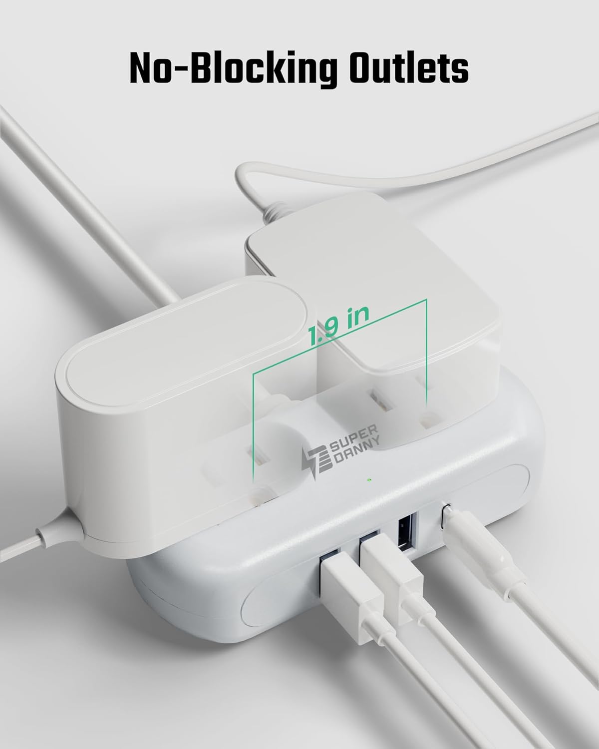 SUPERDANNY Power Strip with USB, Mini Desktop Charging Station with 2 Wide-Spaced Outlets & 4 USB Ports, 2ft Portable Flat Plug Extension Cord for Travel, Dorm, Room, Home Office Essentials, White