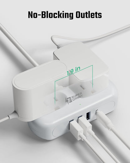 SUPERDANNY Power Strip with USB, Mini Desktop Charging Station with 2 Wide-Spaced Outlets & 4 USB Ports, 2ft Portable Flat Plug Extension Cord for Travel, Dorm, Room, Home Office Essentials, White