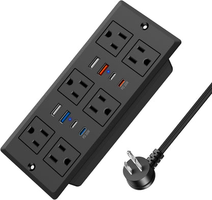 Recessed Power Strip, 30W PD USB-C & USB-A Fast Charging, Drawer Outlet Plug in 6 Outlets & 8 USB Ports, Furniture Flush Mount Desk Outlets for Conference Table, 10FT Cord Black