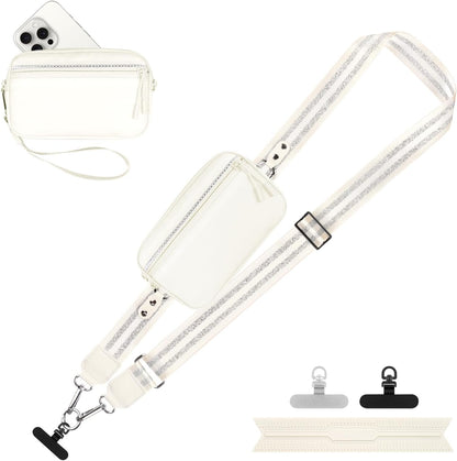 Clip and Go Strap for Phone with Wallet Crossbody, Adjustable Phone Lanyard with Detachable RFID Wristlet Wallet, Pattern Strap - Cream&Silver (L)