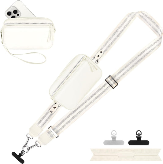 Clip and Go Strap for Phone with Wallet Crossbody, Adjustable Phone Lanyard with Detachable RFID Wristlet Wallet, Pattern Strap - Cream&Silver (L)