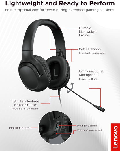 Lenovo H110 Wired Gaming Headset - 3.5mm Connection, Omni-Directional Microphone, Breathable Ear Cups, Built-in Volume Wheel - Black