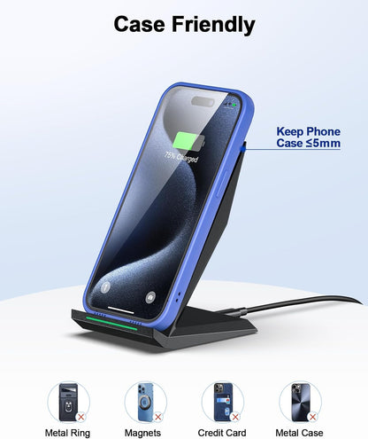 Fast Wireless Charger, NANAMI 15W Qi Certified Wireless Charging Stand Compatible iPhone 16/15/15 Pro/15 Plus/15 Pro Max/14/14 Pro/13/12, for Samsung Galaxy S25/S24/S23/S22/S21 and Qi-Enabled Phone