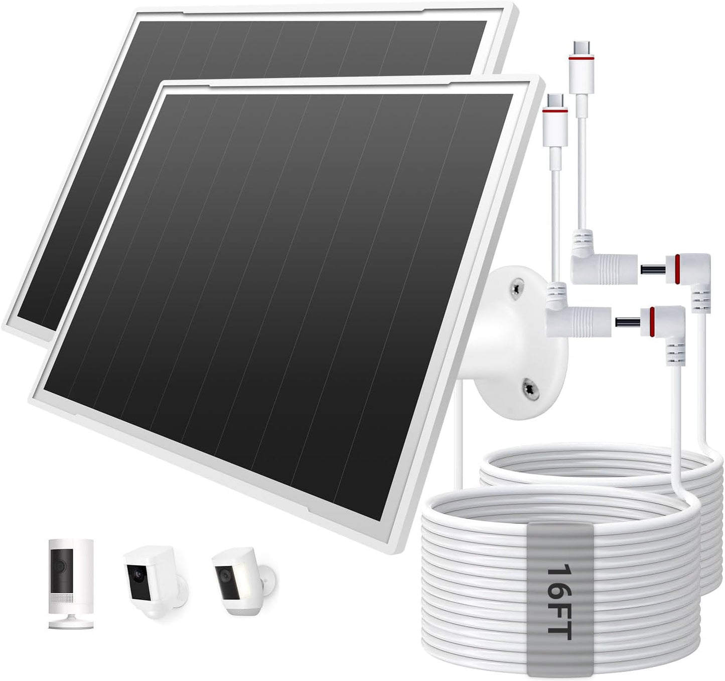 2-Pack Solar Panel Charger for Ring Camera, 8W High-Efficiency - Compatible with Ring Spotlight & Stick Up Cam Pro/Plus, 16ft Long Cable, 3.5mm to USB-C Adapter, IP65 Waterproof, White