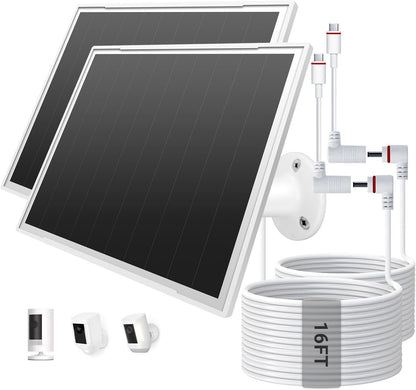 2-Pack Solar Panel Charger for Ring Camera, 8W High-Efficiency - Compatible with Ring Spotlight & Stick Up Cam Pro/Plus, 16ft Long Cable, 3.5mm to USB-C Adapter, IP65 Waterproof, White