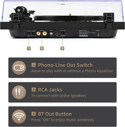 Turntable Vinyl Record Player Support Bluetooth Output Phono/Line Switch Pitch Control with Pre-Installed Counterweight & Magnetic Cartridge, Belt Drive 2 Speed