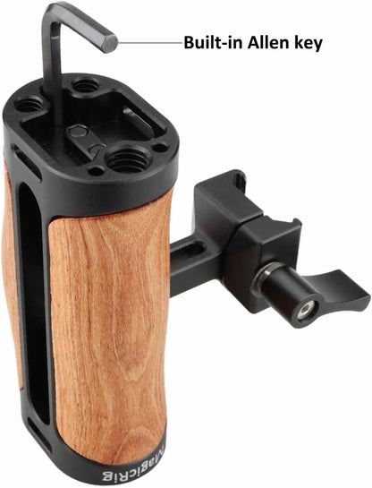 Wooden NATO Side Handle Mini Grip & NATO Rail 50mm for DSLR/Volg Camera Cage, Built-in Cold Shoe Mount, 1/4" & 3/8" ARRI Thread Hole, Up and Down Adjustable, for Left or Right Handle