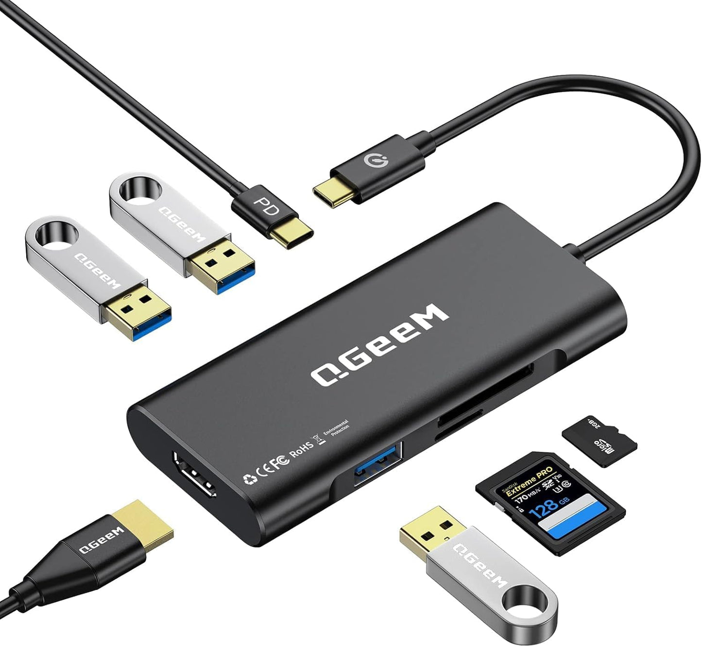 USB C Hub, QGeeM USB 4k to HDMI Adapter, 7 in 1 USB-C Dongle with 100W PD,USB 3.0, Card Reader, Compatible for MacBook iPhone 15/16 Ipad Pro max,Chromebook Laptop USB Type C Dock-Black