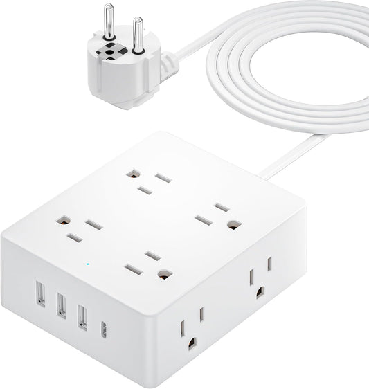 European Travel Plug Adapter, Olcorife US to Europe Type E/F Plug Adapter, International Power Strip with 8 Outlets and 4 USB(1 USB-C), 5 FT Cord for Germany France Iceland Spain