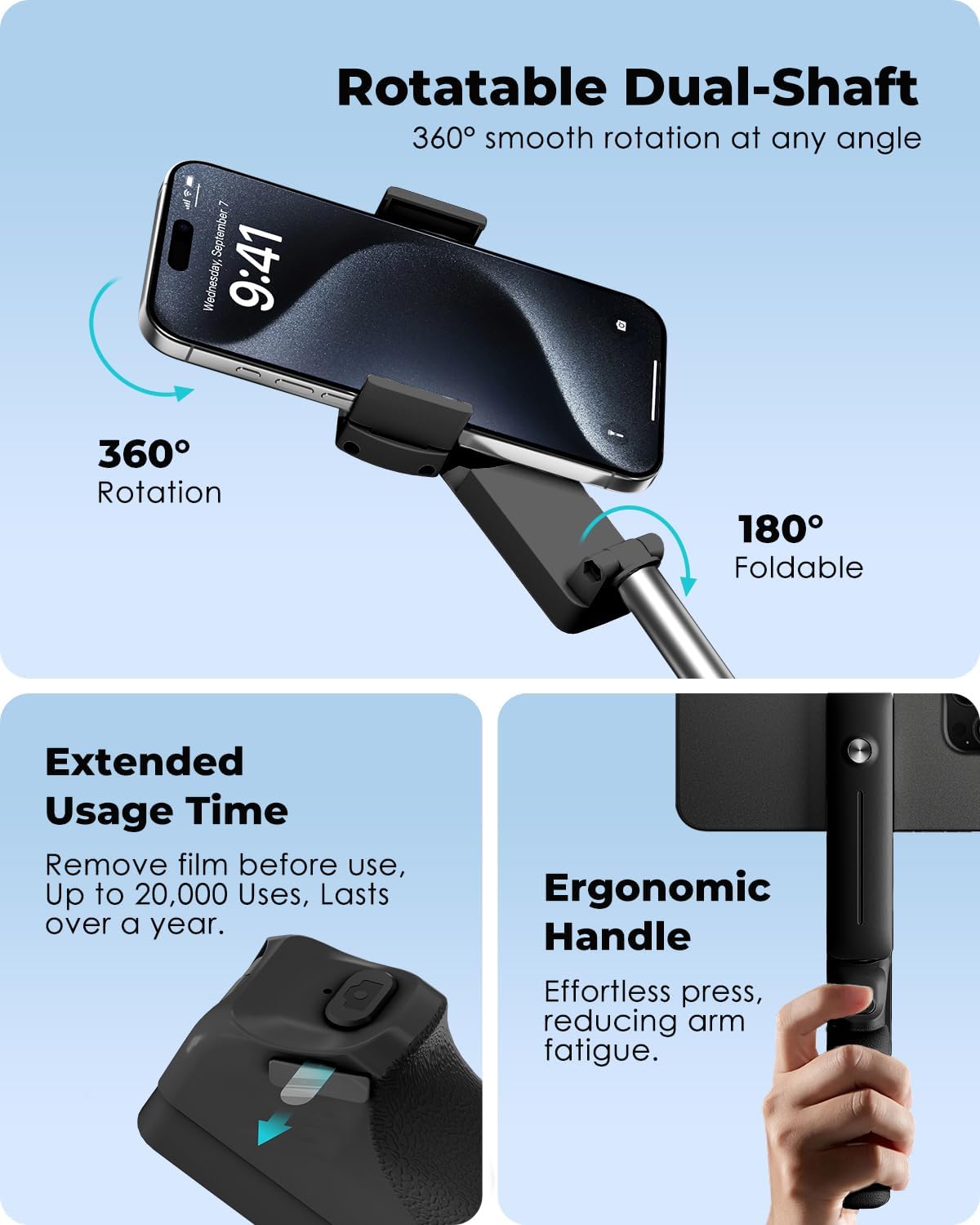 Viozon Portable Selfie Stick, Lightweight Extendable Stainless Steel Tube,All-in-One Compact Selfie Stick with Wireless Remote Compatible with 4-7" iPhone/Android Phones for Vlog/Travel/Filming, Black